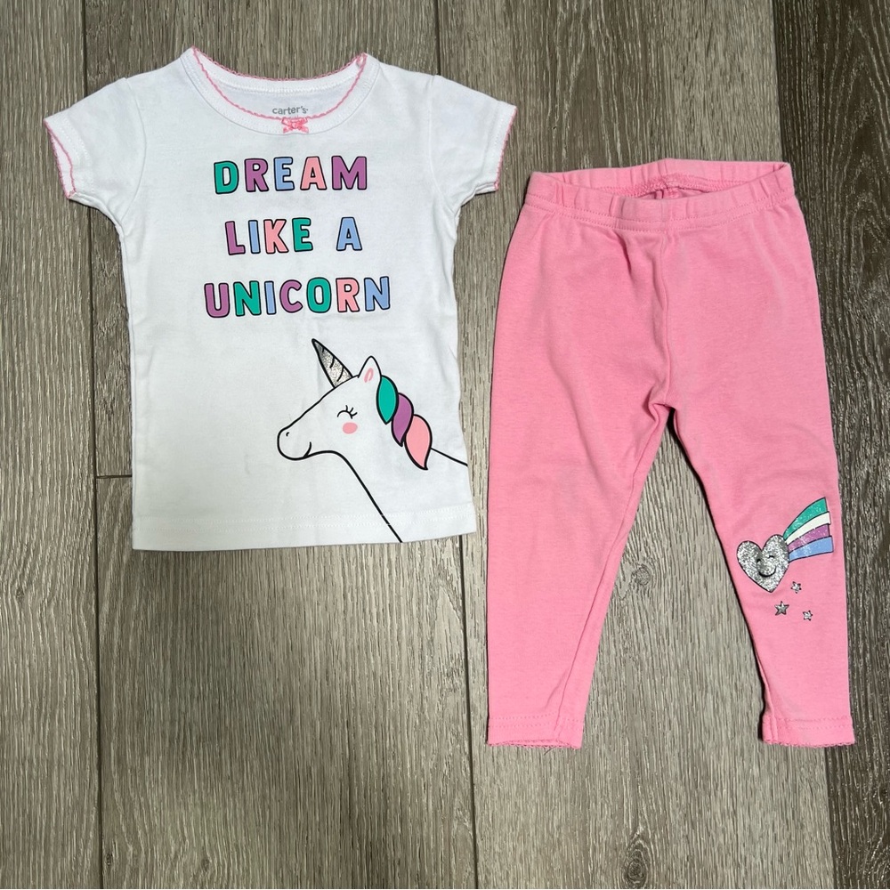 CARTERS 2PC SHORT SLEEVE SHIRT PANTS PAJAMA SET UNICORN PINK 12MO